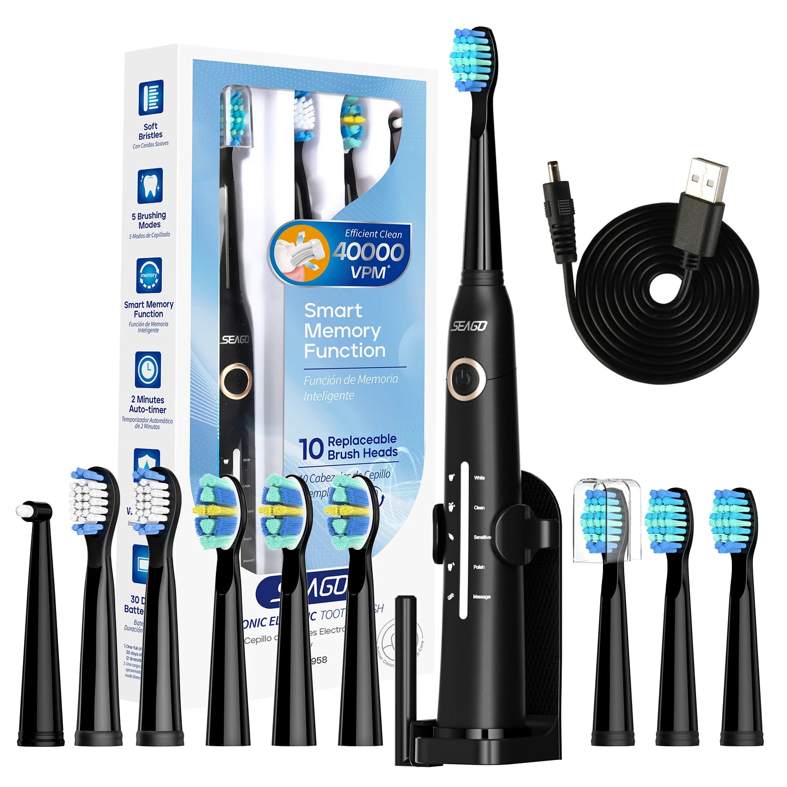 Seago Electric Toothbrush Tooth brush USB Rechargeable Adult Ultrasonic Teeth Cleaning 10 Replacement Toothbrush Heads