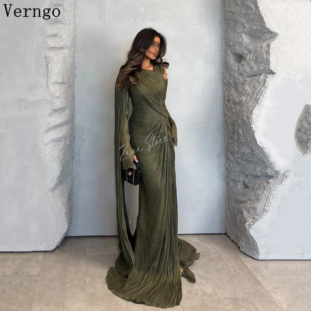 Verngo Green Shiny Formal Evening Dress O Neck Ful