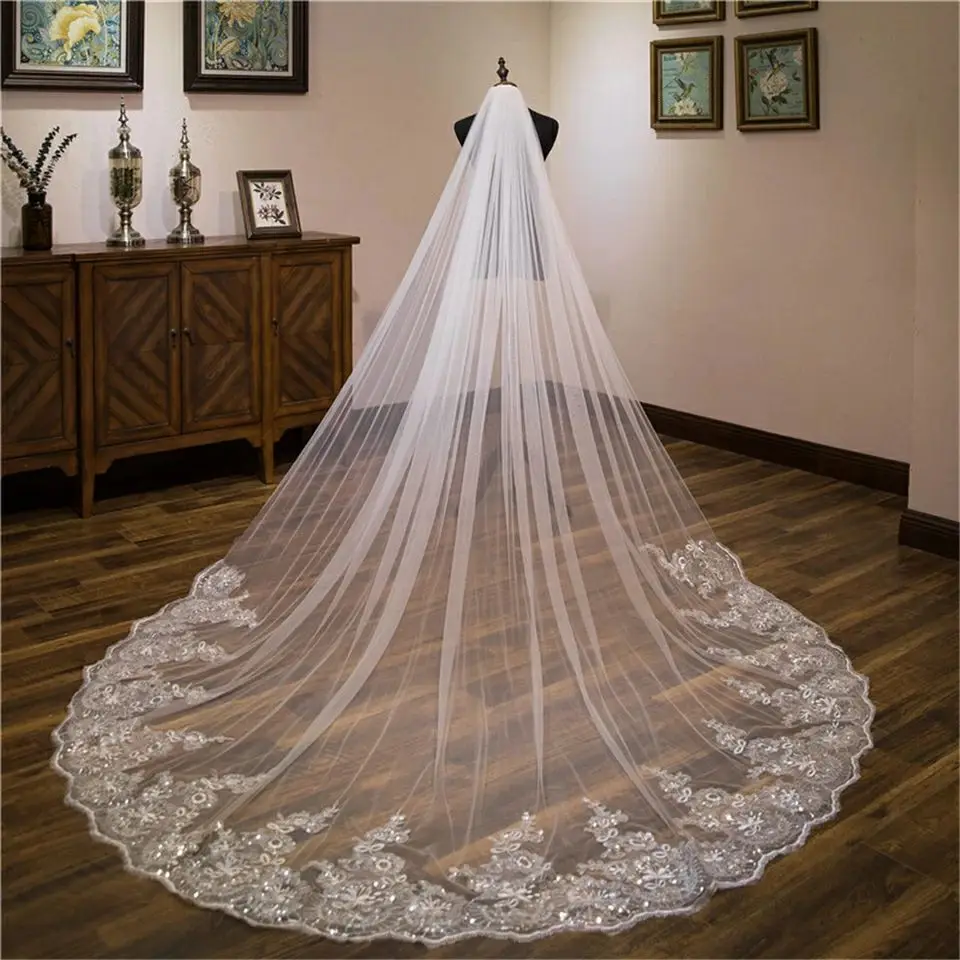 Wedding Veil Lace Edge Long Luxurious Bridal Veil Applique Sequins White/Ivory Veil With Comb Cathedral One-Layer 3M/4M/5M