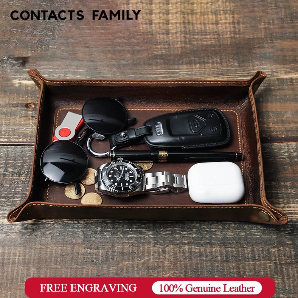 Genuine Leather Foldable Storage Trays Cowhide Square Tray Key Wallet Coin Organizer Home Office Desktop Storage Sundries Box