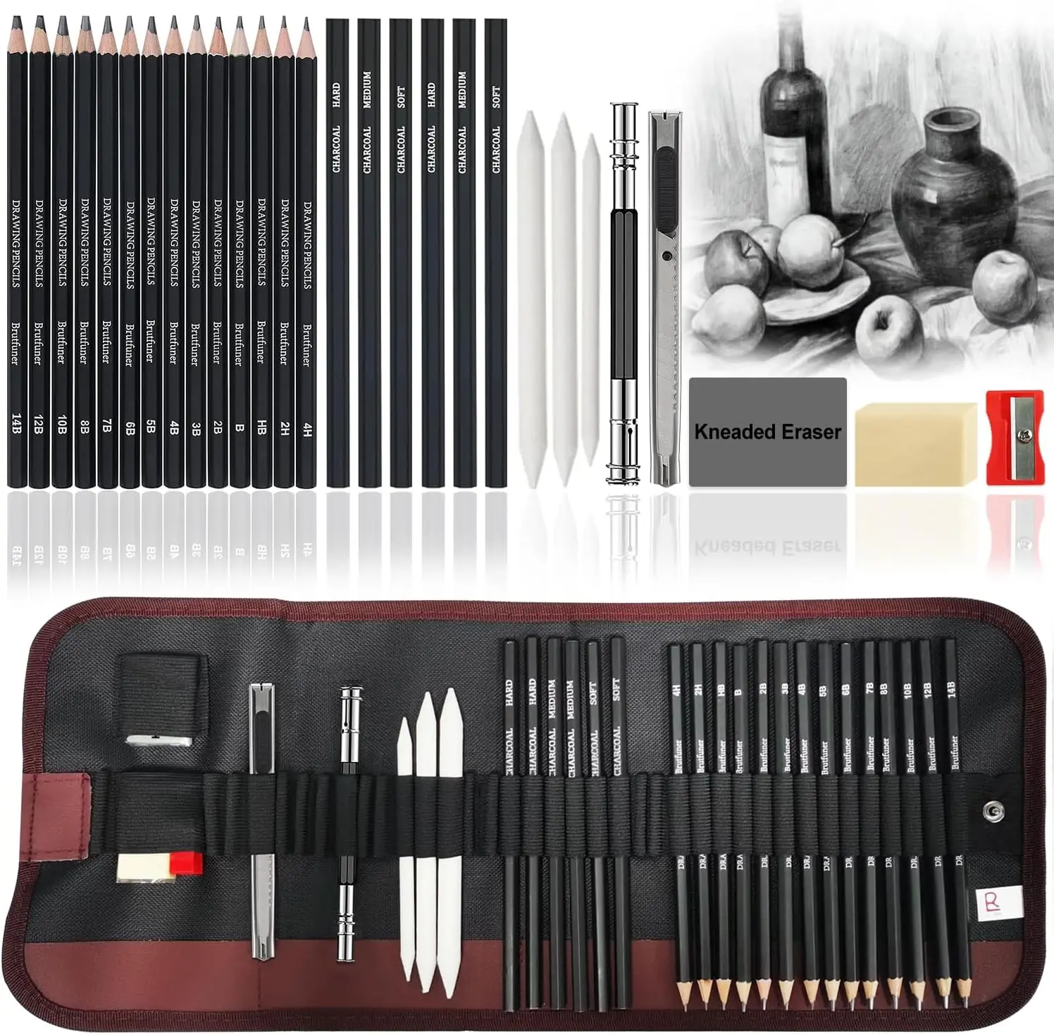29Pcs Drawing Kit Sketching Pencils Set,Portable Pen Curtain-Charcoal Pencils, Sketch Pencils, Charcoal Stick,Sharpener,Eraser
