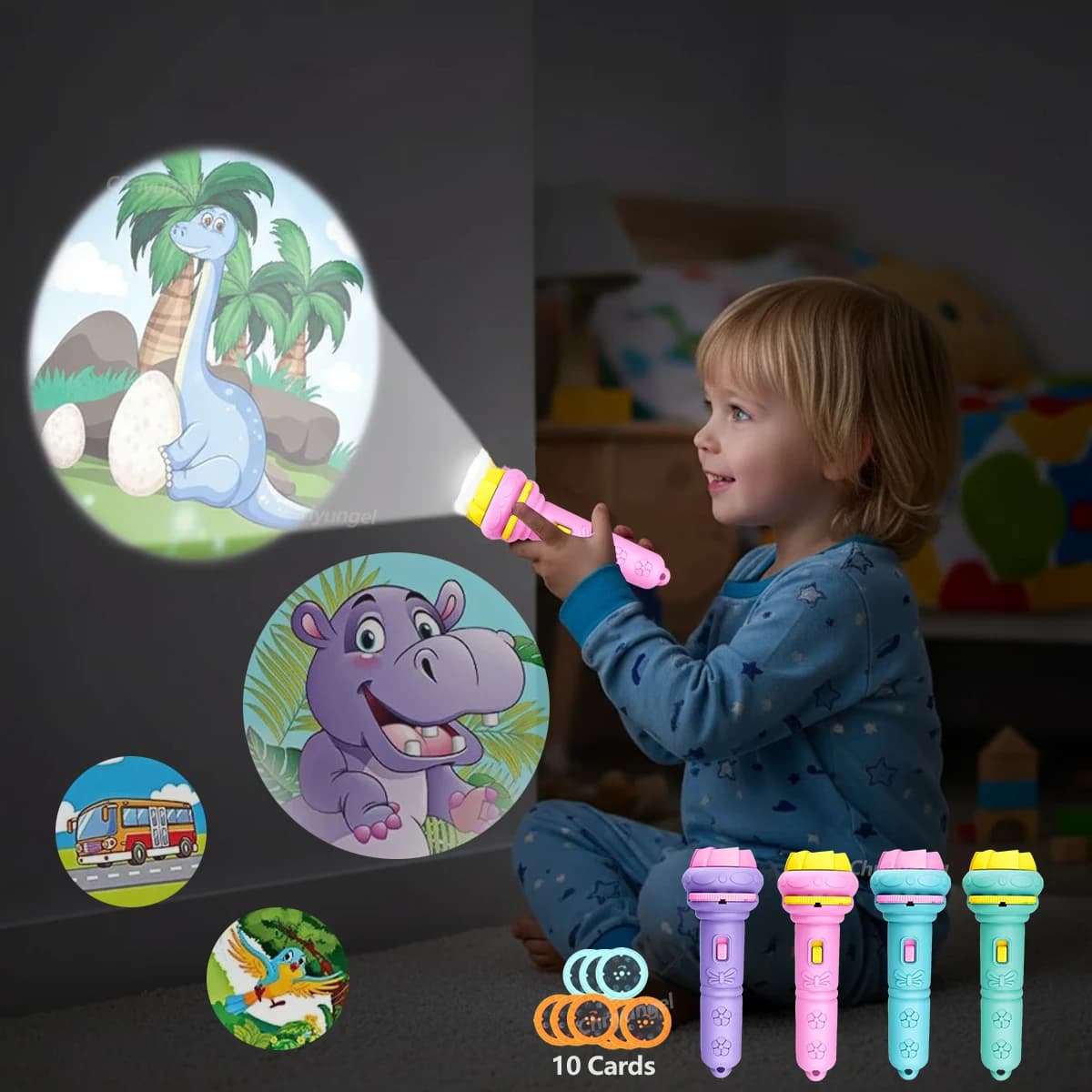Projector Flashlight for Kids 10 Cards 80 Patterns Bedtime Toys Cartoon Light Educational Toy Gift for Toddler Boys Girls