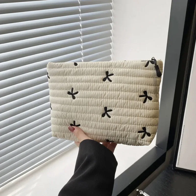 Cute Makeup Bag with Zipper Large Capacity Cosmetic Bag Embroidery Bow Wash Storage Bag