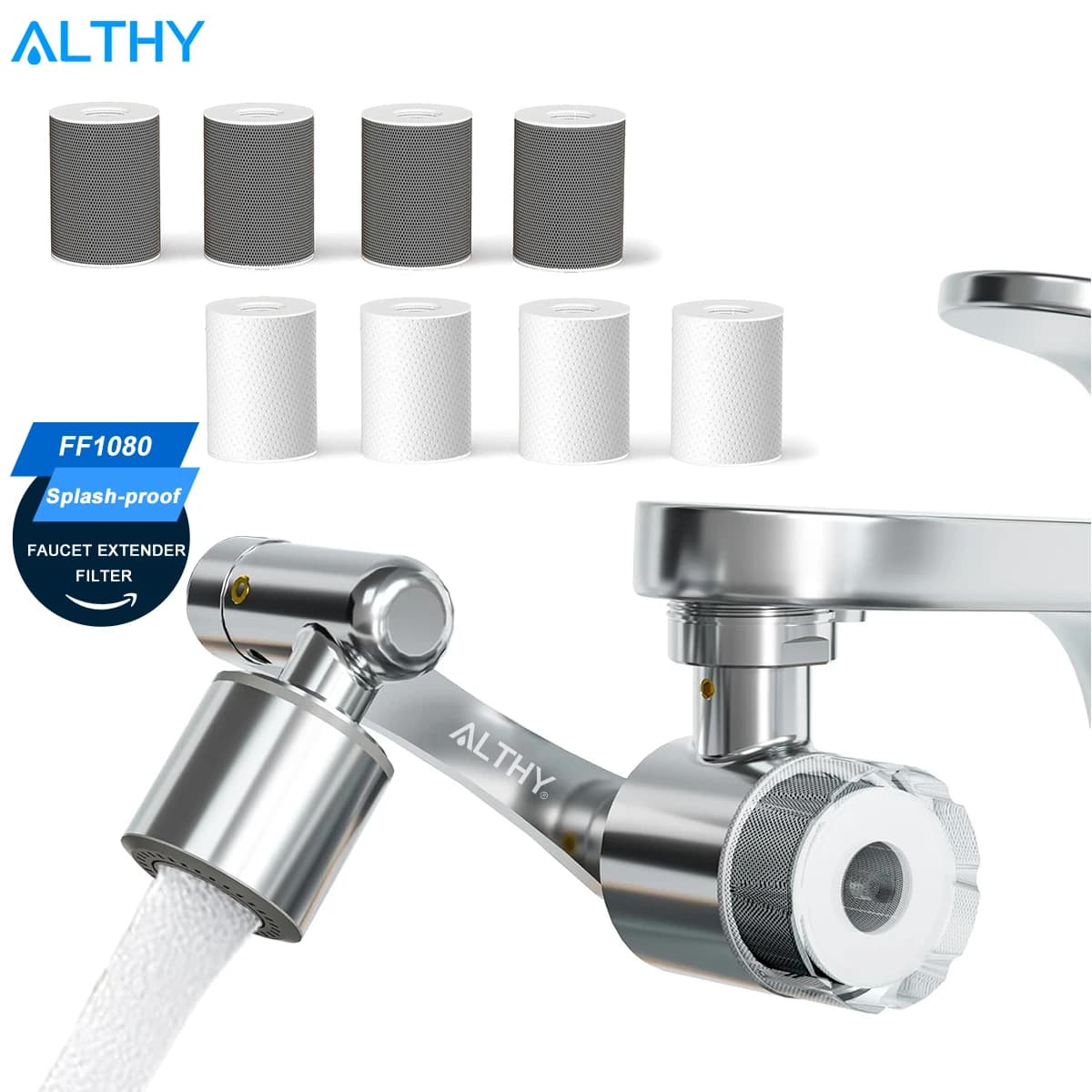 ALTHY Faucet Extender Water Filter, Sink Splash-proof 1080° Rotating Tap Aerator,Reduce Lead Chlorine Odor, 2 Water Spray Modes