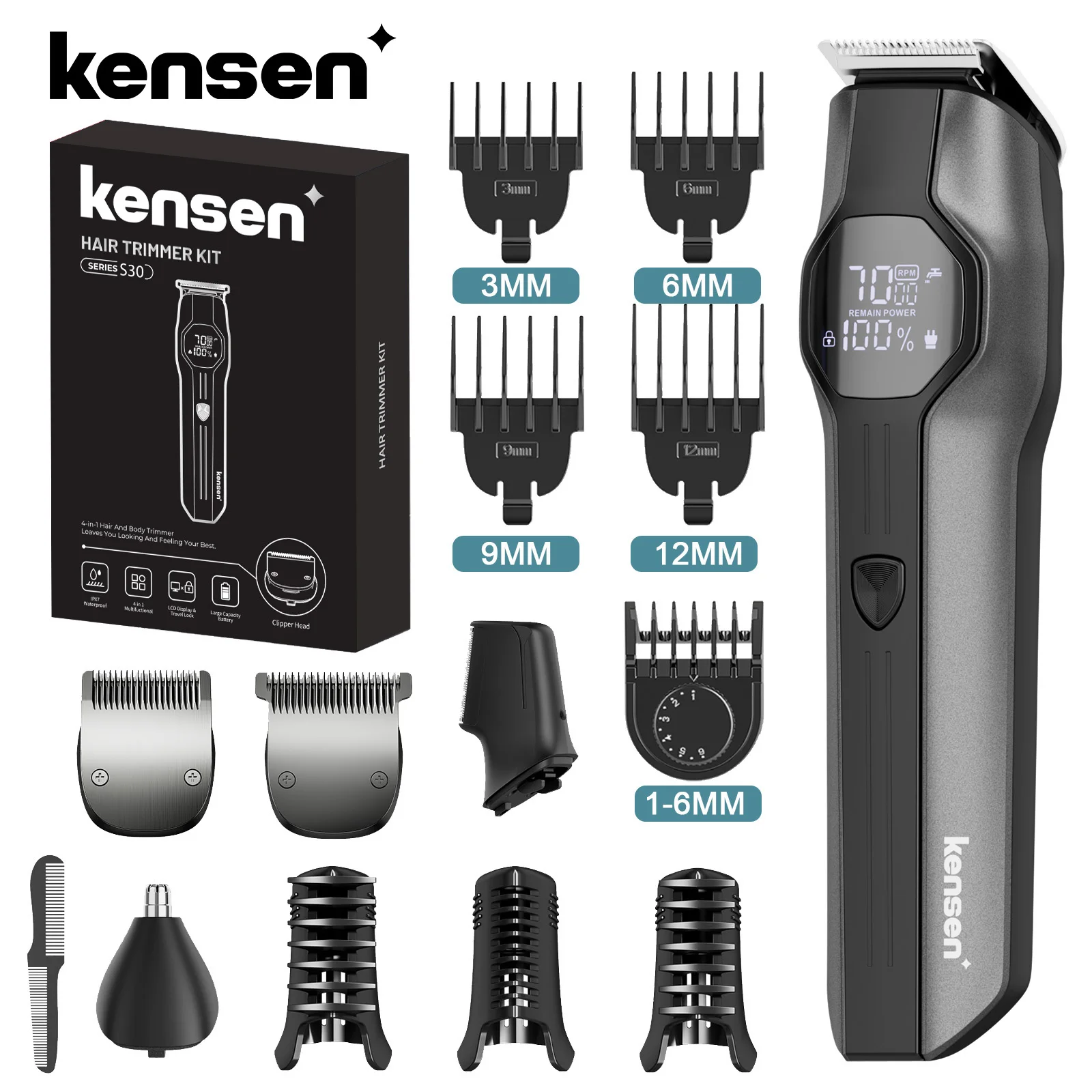 Kensen S30 4 in 1 Cordless Hair Clipper LED Display Men Beard/Nose Trimmer Rechargeable Barber Grooming Kit Hair Cutting Machine