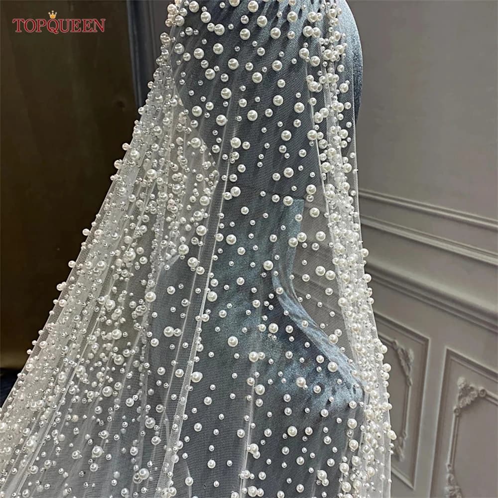 TOPQUEEN V139A Luxurious Wedding Veil with Pearls 5 Meter Long Bridal Veils Delicate Beaded Cathedral Length Veil Customizable