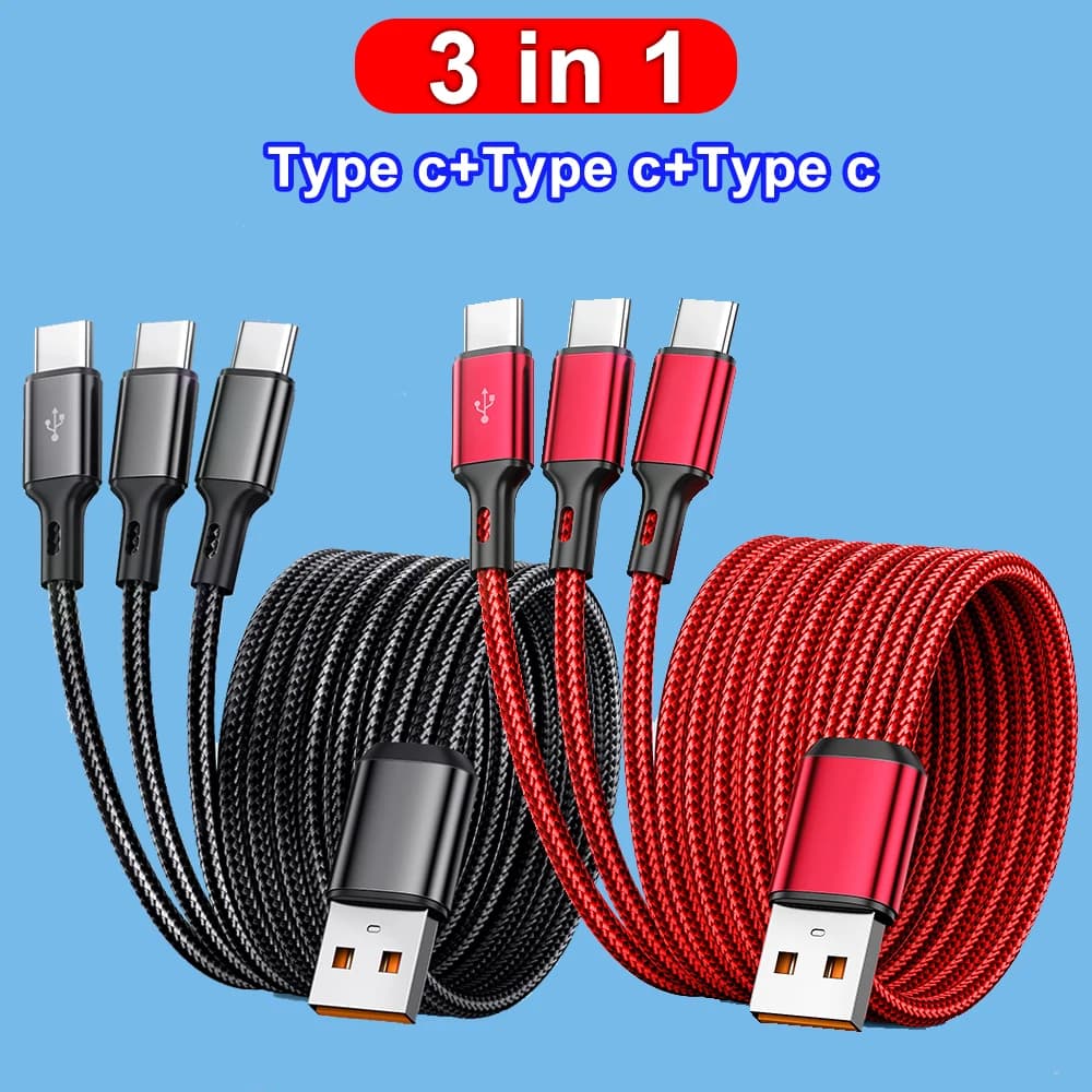 3 in1 USB to 3×Type - C Cable 100W 6A fast charge for Samsung S24 Xiaomi Huawei android phone usb c High-speed data transmission