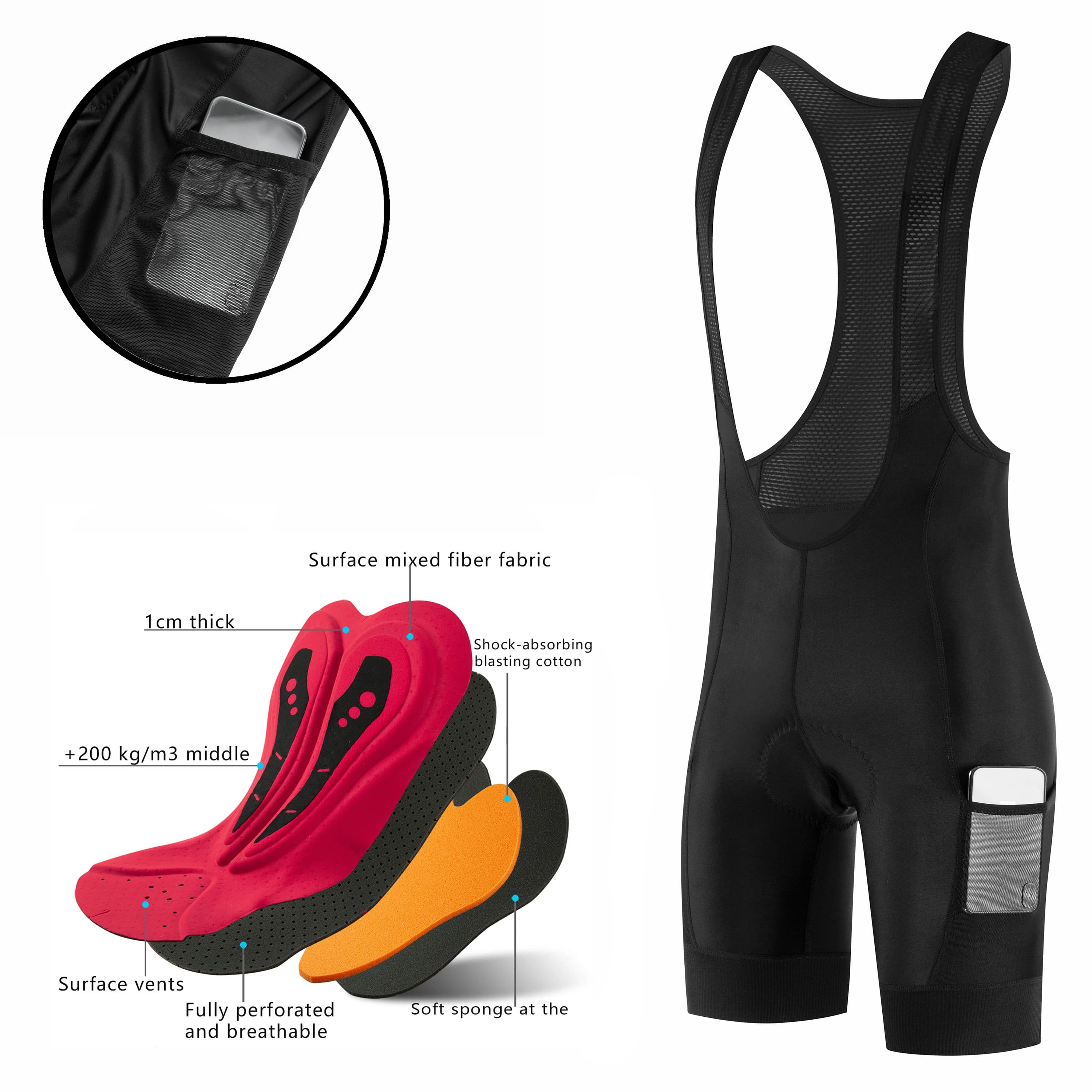 Fualrny Cycling Bib Shorts 5D Gel Pad Mountain Bike Shorts Bretelle Pockets Outdoor Breathable UPF50+ Bike Tight Bicycle Shorts