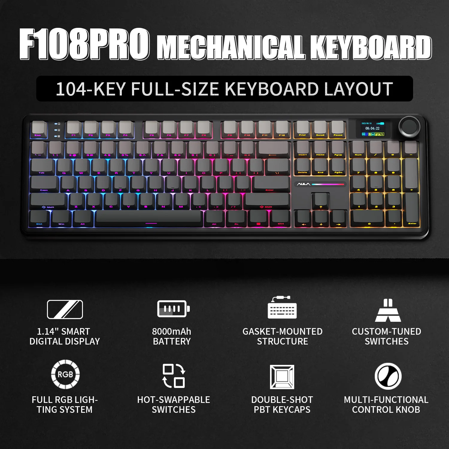 AULA F108 PRO/F108 Mechanical Keyboard Custom 100% Layout RGB Backlight Wireless Bluetooth Hifi Switch Gaming Keyboard