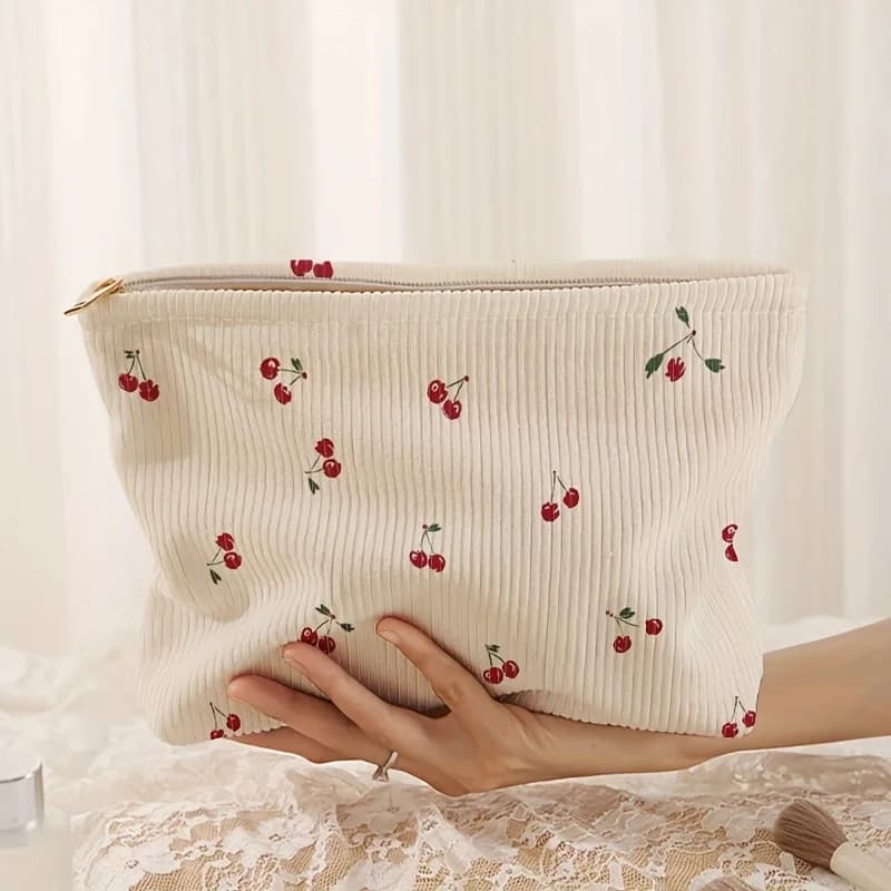 Cherry printed corduroy makeup bag, lightweight zi