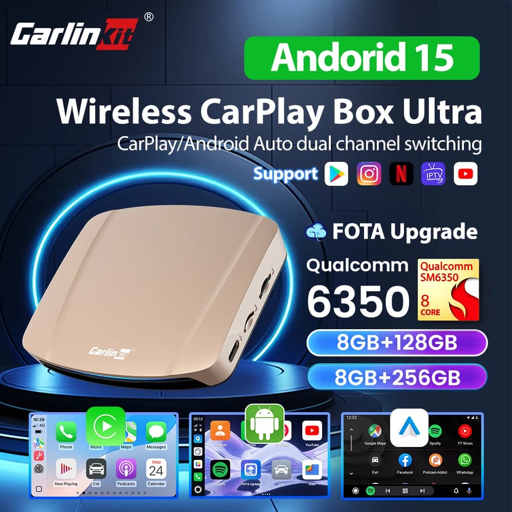 256G Carlinkit Android Auto Wireless Adapter CarPlay Tv Box Android 15 Ultra CarPlay Ai Box GPS QCM6350 For Youtube Netflix IPTV