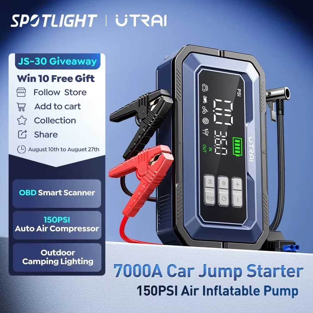 UTRAI All-in-One 7000A Car Jump Starter with Air Compressor & OBD Diagnosis & Outdoor Camping Lights Emergency Boosters