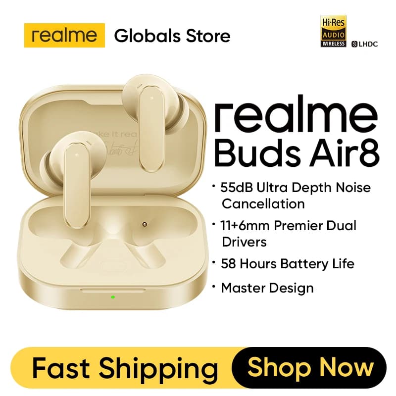 realme Buds Air8 TWS Earphone 11+6mm Premier Dual Drivers 55dB Noise Cancellation Up to 58 Hours of Playback IP55 Bluetooth 5.4
