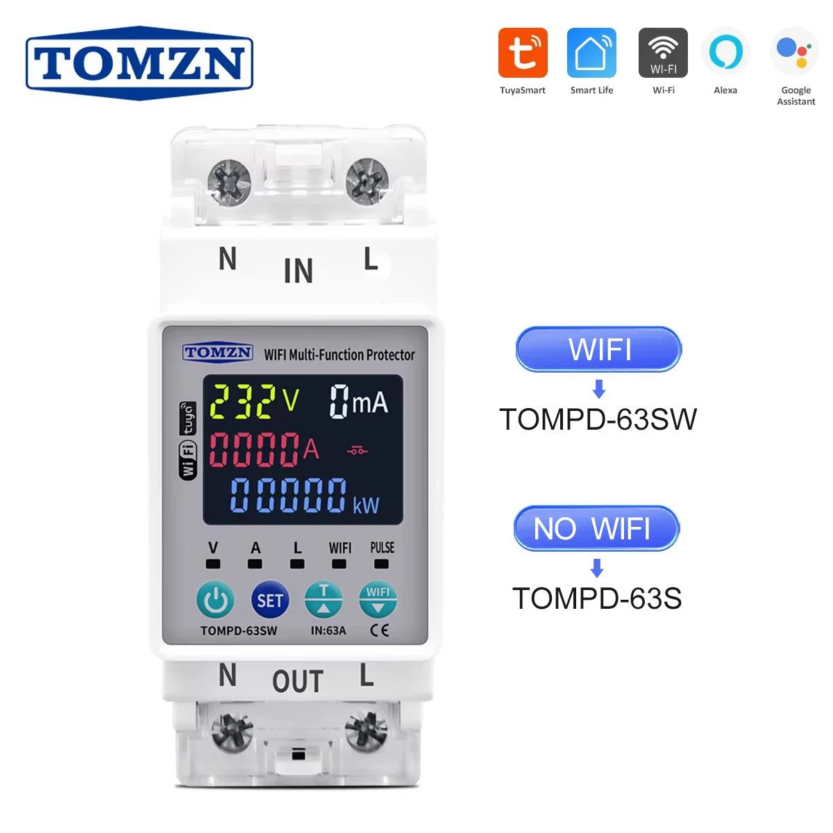 TOMZN 2P 63A 110V 220V Smart Life WIFI Switch kWh