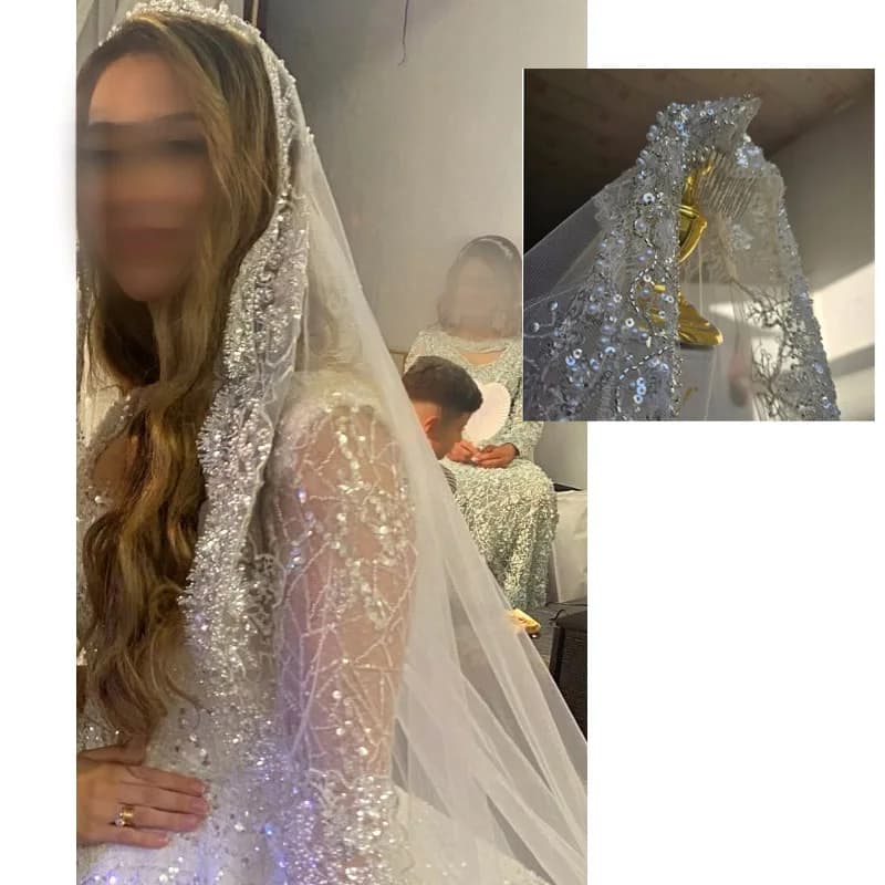 Full crystal pearl lace veil bridal cathedral luxury new wedding accessories white veil With metal hair comb custom made veil