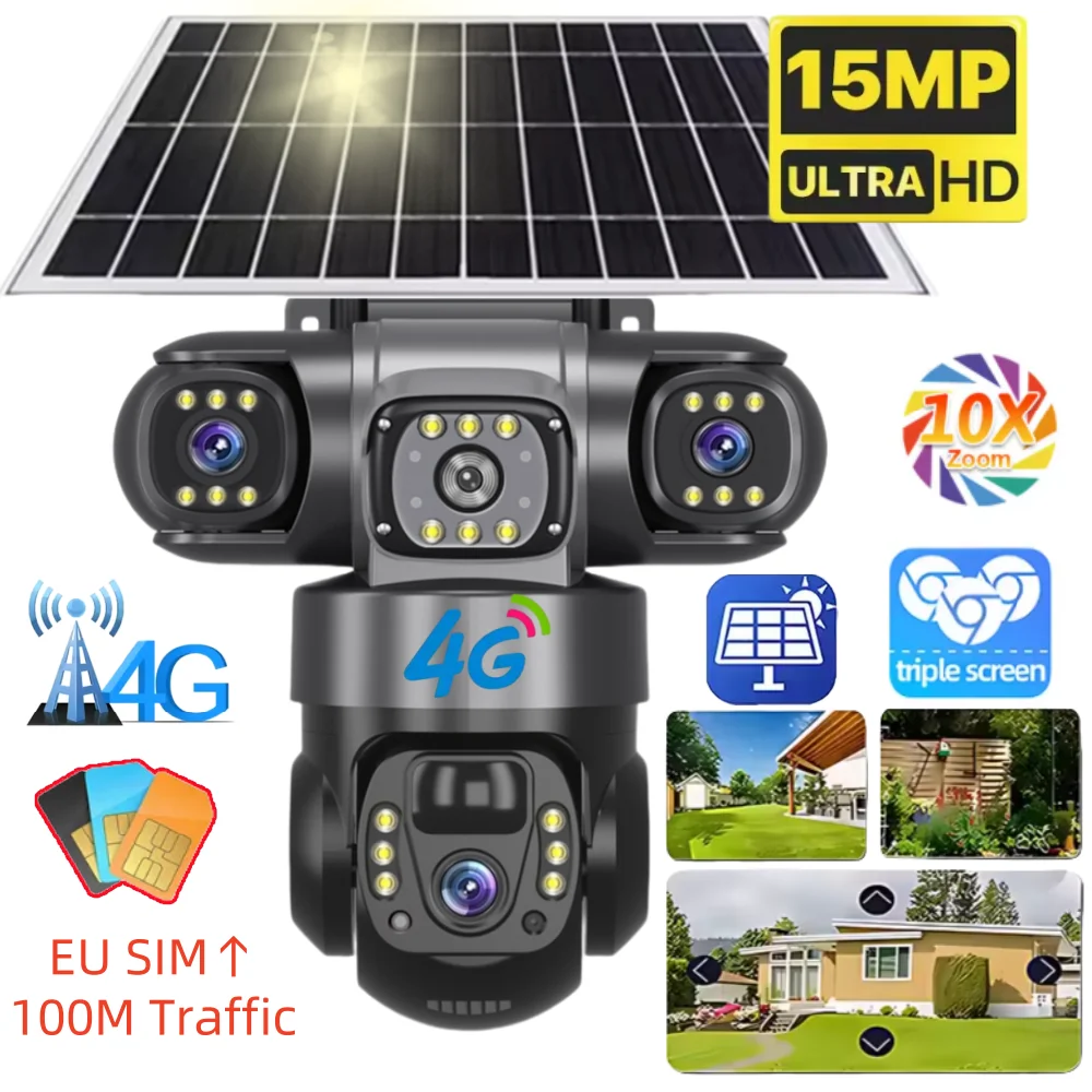 Solar Camera With 4G SIM 15MP HD Outdoor 3 Lens 3 Screen 10X Zoom PIR Human Detect Cameras Night Vision CCTV Security Protection