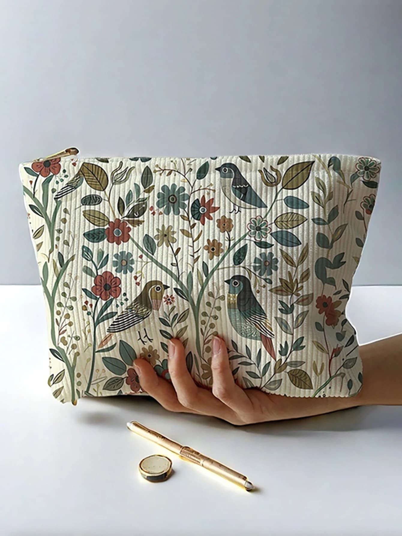 1pc,Branch bird pattern corduroy zipper makeup bag