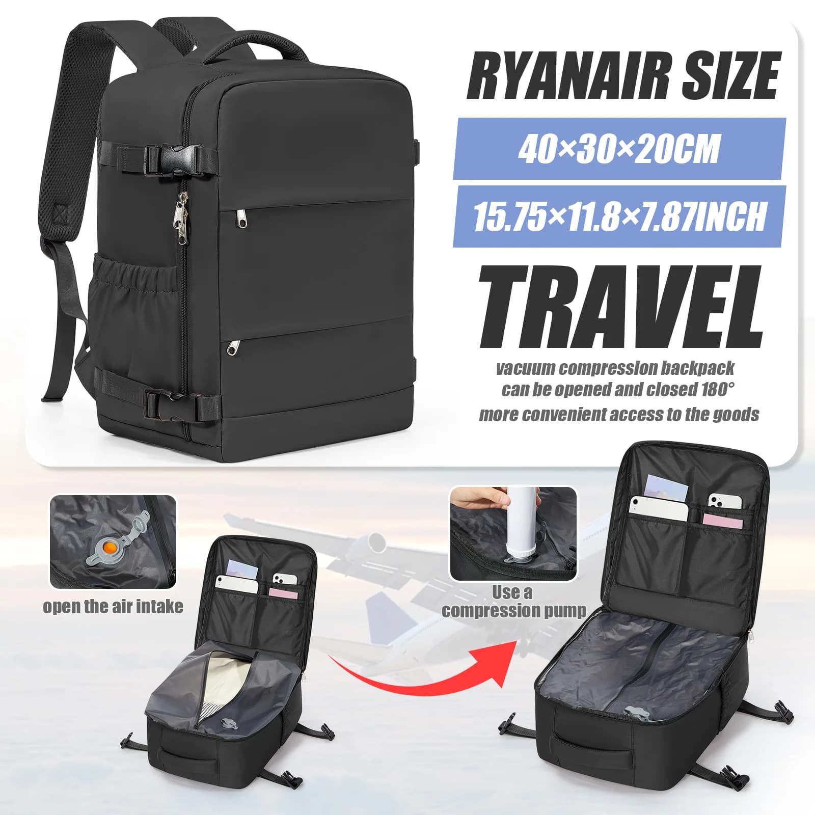 Vacuum Backpack Ryanair 40x30x20 Travel Backpack Short Distance Business WizAir Cabin Bag 15.6" Laptop Bag, Men Leisure Backpack