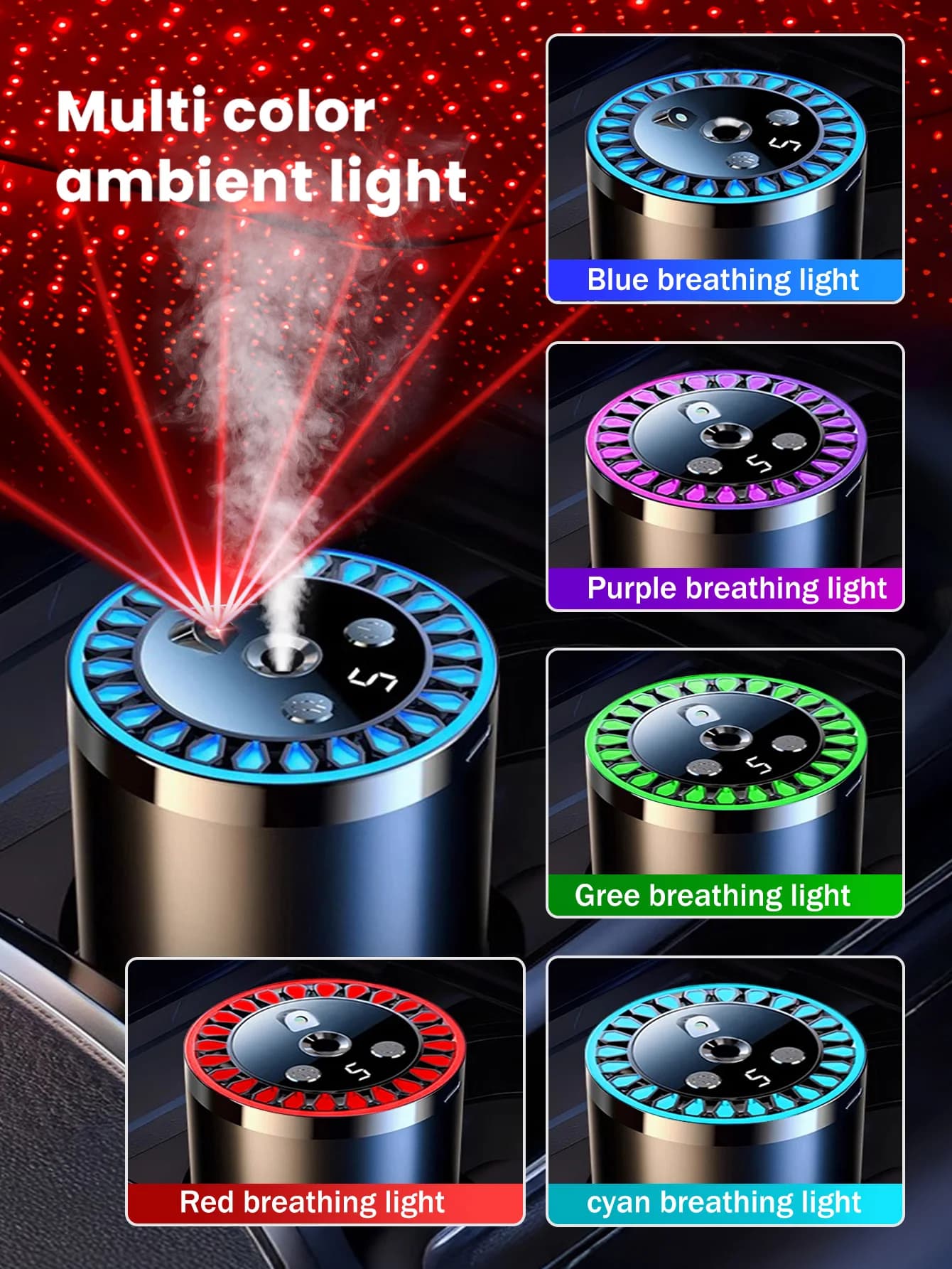 Rechargeable multi-color light romantic starlight lamp, car-mounted aroma diffuser and 5 types of aroma essential oils