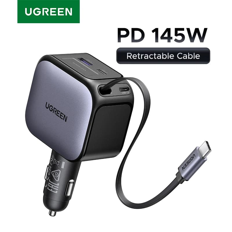 UGREEN 145W 90W 60W Car Charger 3 USB-C & 1 USB-A Ports PD QC4.0 Fast Charging with Retractable Cable for iPhone 17 Pro MacBook