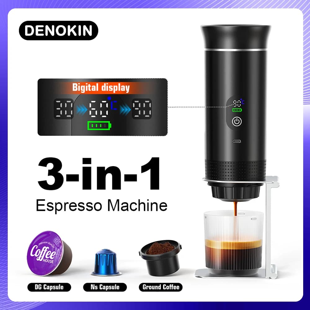 DENOKIN Portable Espresso Coffee Machine With Digital Display 3-in-1 Capsule Coffee Maker for Car & Home Camping Coffee Maker