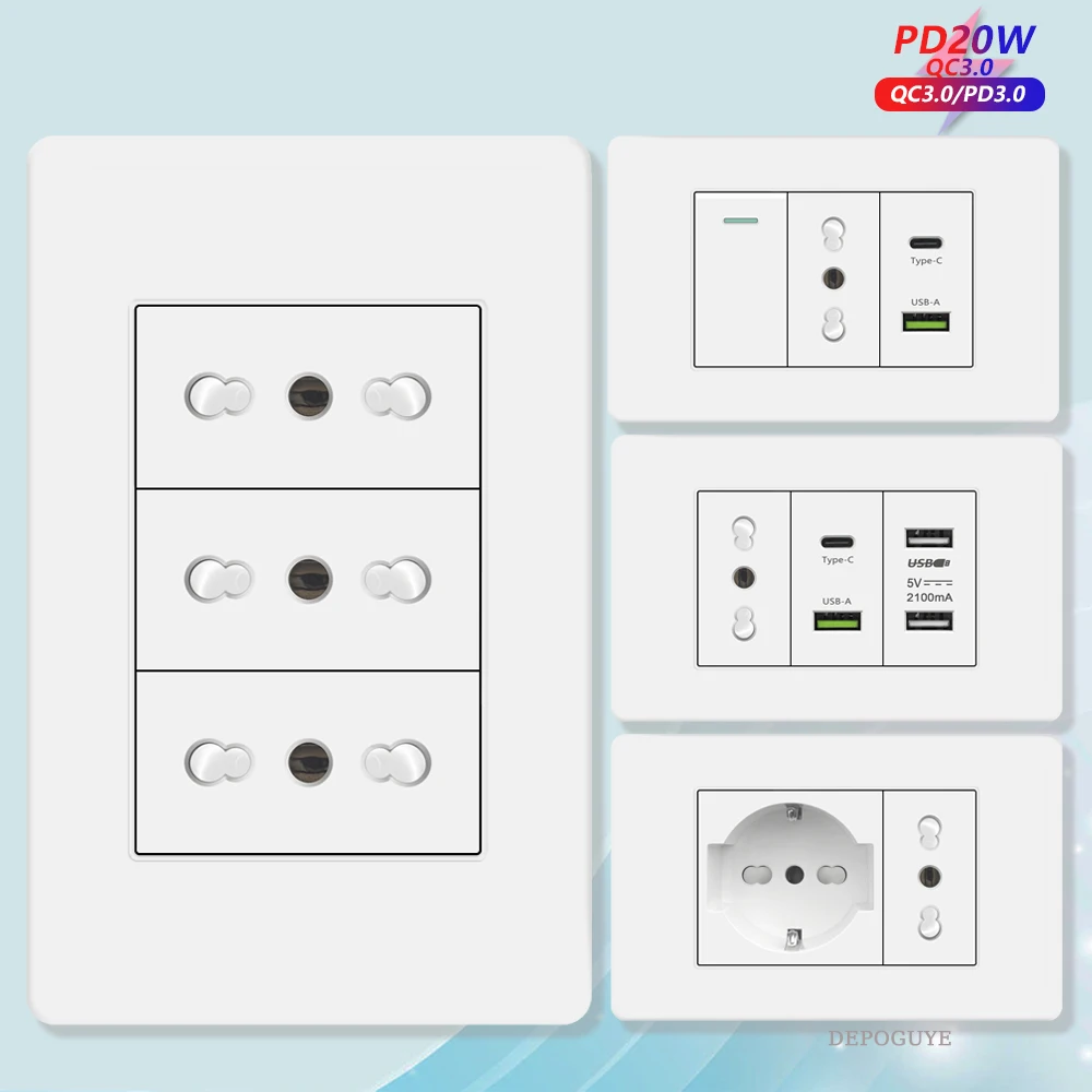 White Italy Chile Outlet with USB Smart Type-c Fast Charging,Dual USB Wall Socket Chile Plugs Plastic Panel Light Switch Sat TV