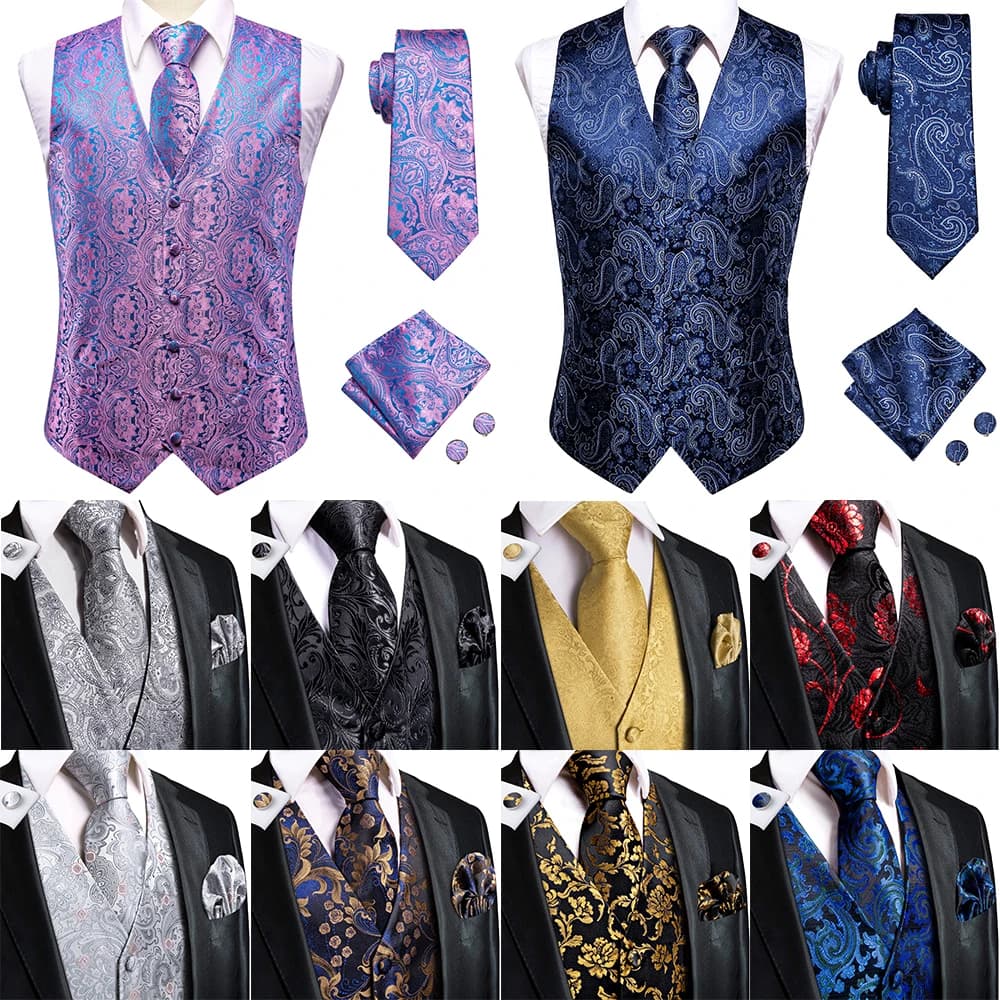 Wedding Purple Men Vest Paisley Floral Necktie Handkerchief Cufflinks Sets Blue Green Red Male Sleeveless V-Neck Waistcoat Party
