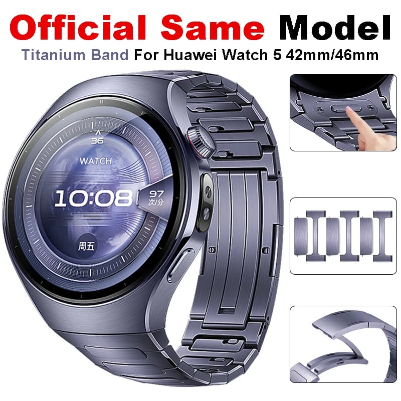 Original Titanium Strap for Huawei Watch 5 46MM No Gaps Luxury Metal Band for Huawei Watch 5 42mm Business Quick Release Band