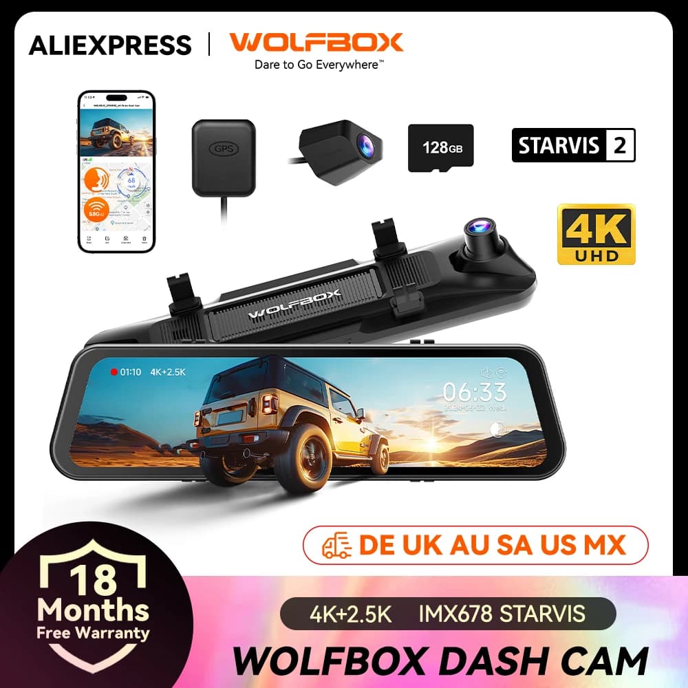 WOLFBOX G900 PRO Dash Cam 4K+2.5K Car DVR Voice Control 5GHZ WI-FI and GPS Video Recorder Front and rear camera