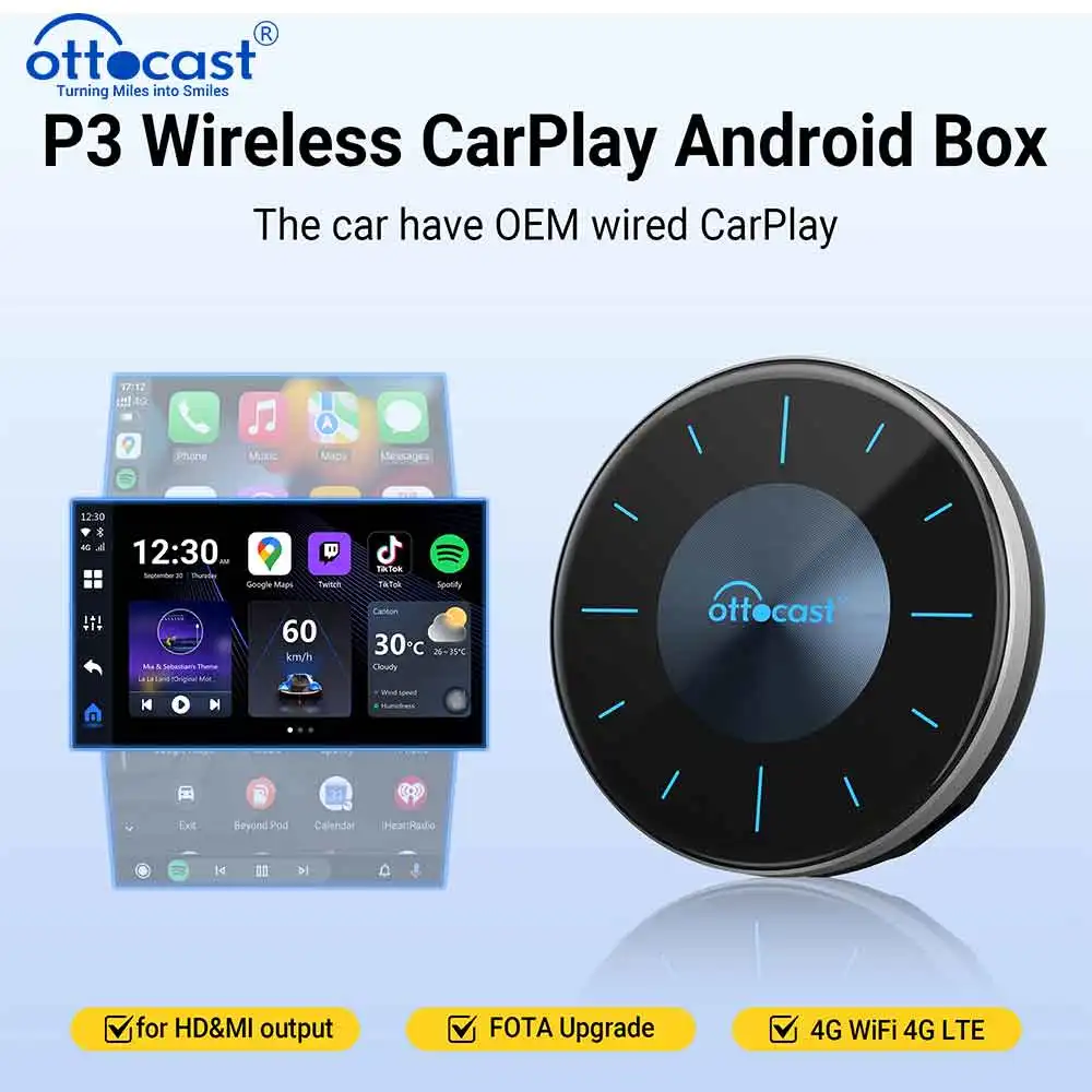 OTTOCAST P3 OttoAibox CarPlay AI Box Wireless Android Auto Smart TV Box Car Accessories for Benz Audi Kia Hyundai VW Toyota 2024